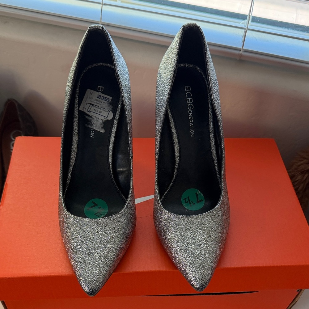 BCBGeneration Metallic Silver Heels
